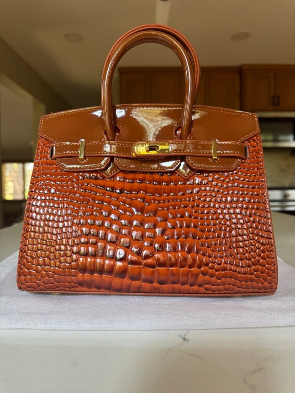 NWT Cognac Croc Embossed Top Handle Satchel Gold Lock Key + Crossbody Strap